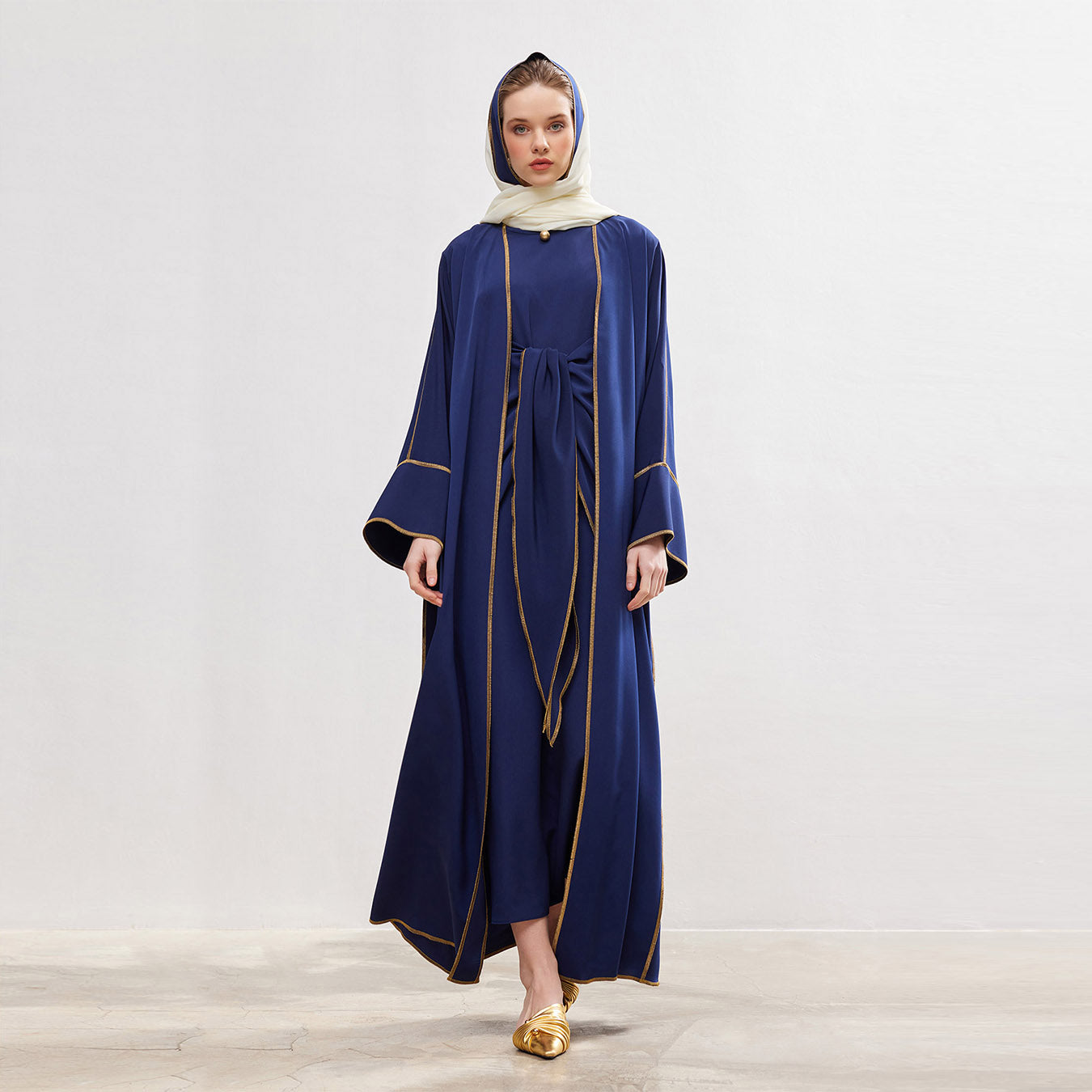Gold Lined Navy Abaya and Dress Set - sonafey