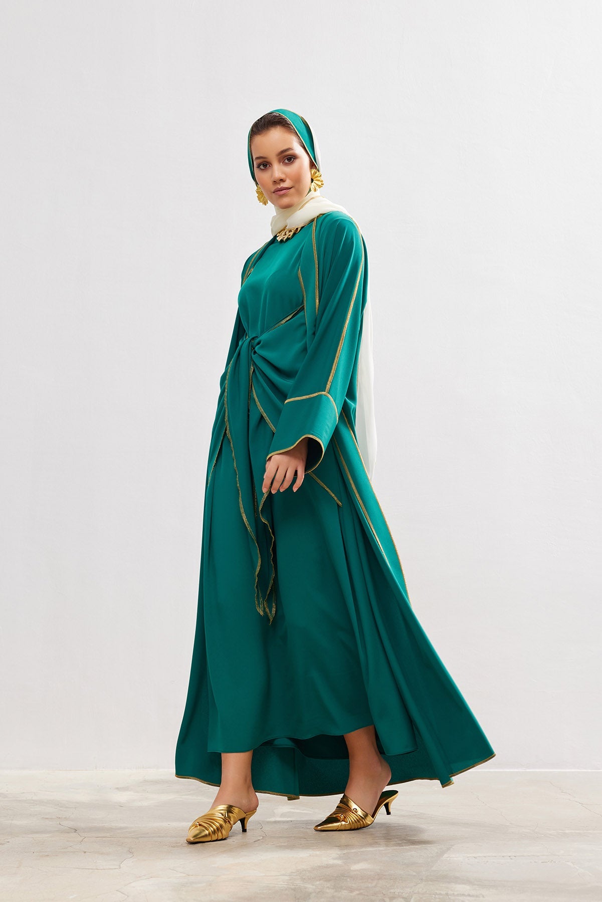 Gold Lined Emerald Abaya and Dress Set