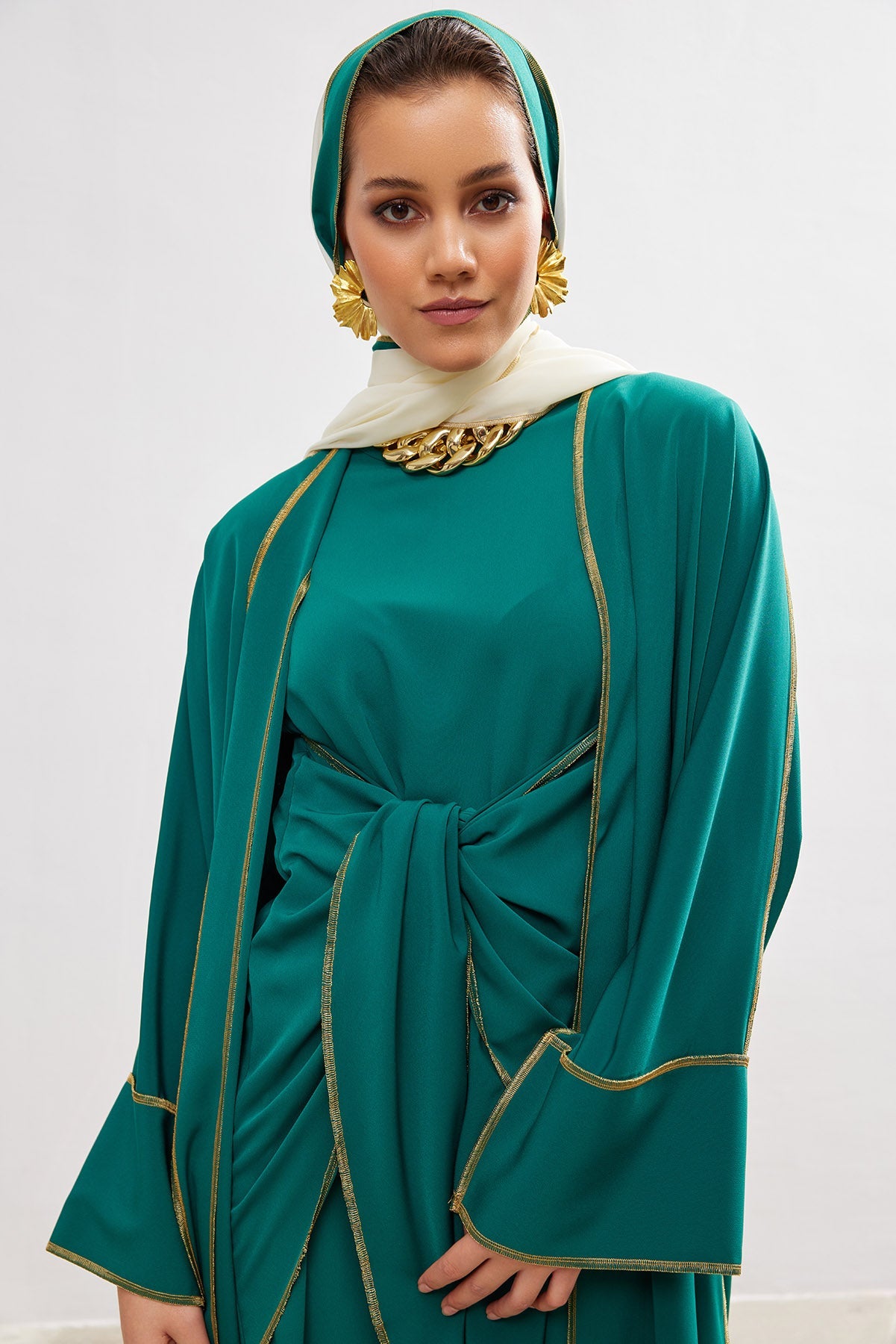 Gold Lined Emerald Abaya and Dress Set
