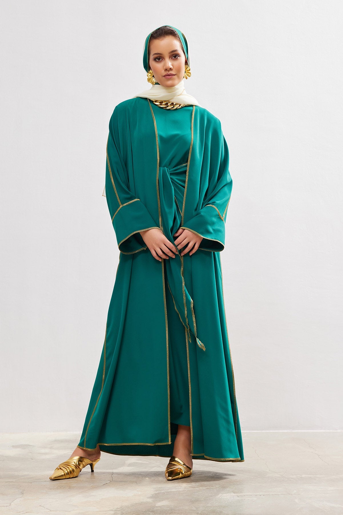 Gold Lined Emerald Abaya and Dress Set