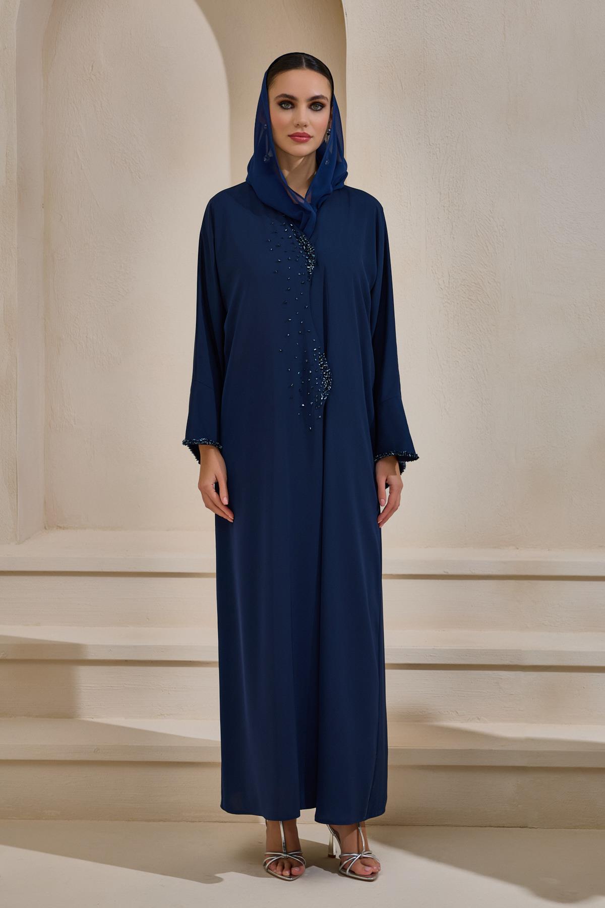 Crystal Embellished Navy Abaya Set with Shawl - sonafey