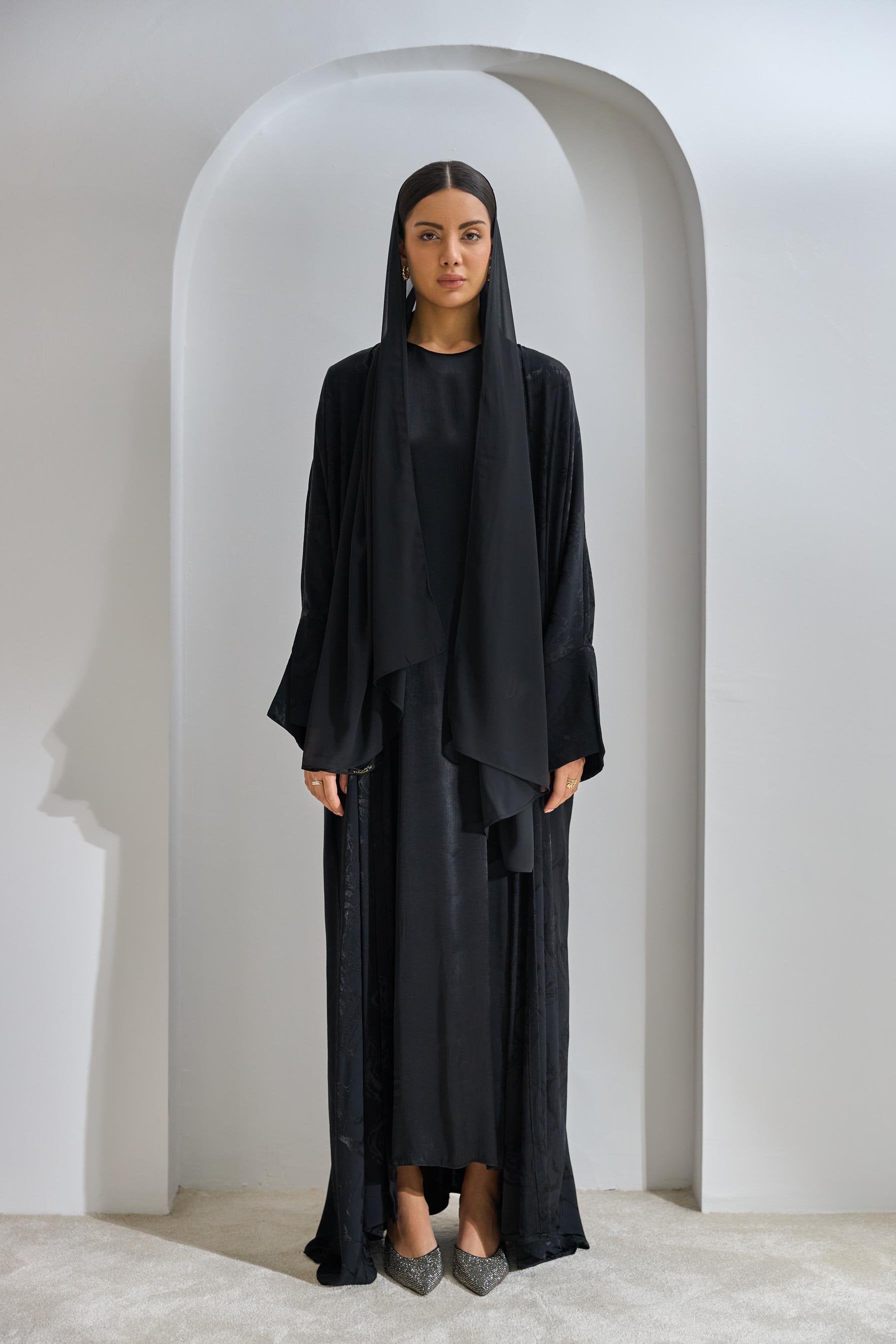 Black Viscose Abaya Set with Dress and Shawl - sonafey
