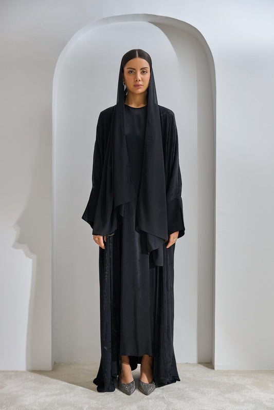 Black Viscose Abaya Set with Dress and Shawl - sonafey