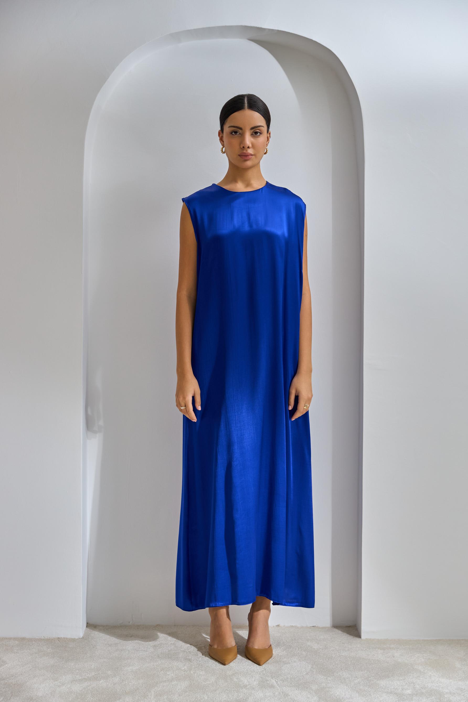 Saxe Blue Viscose Abaya Set with Dress and Shawl - sonafey