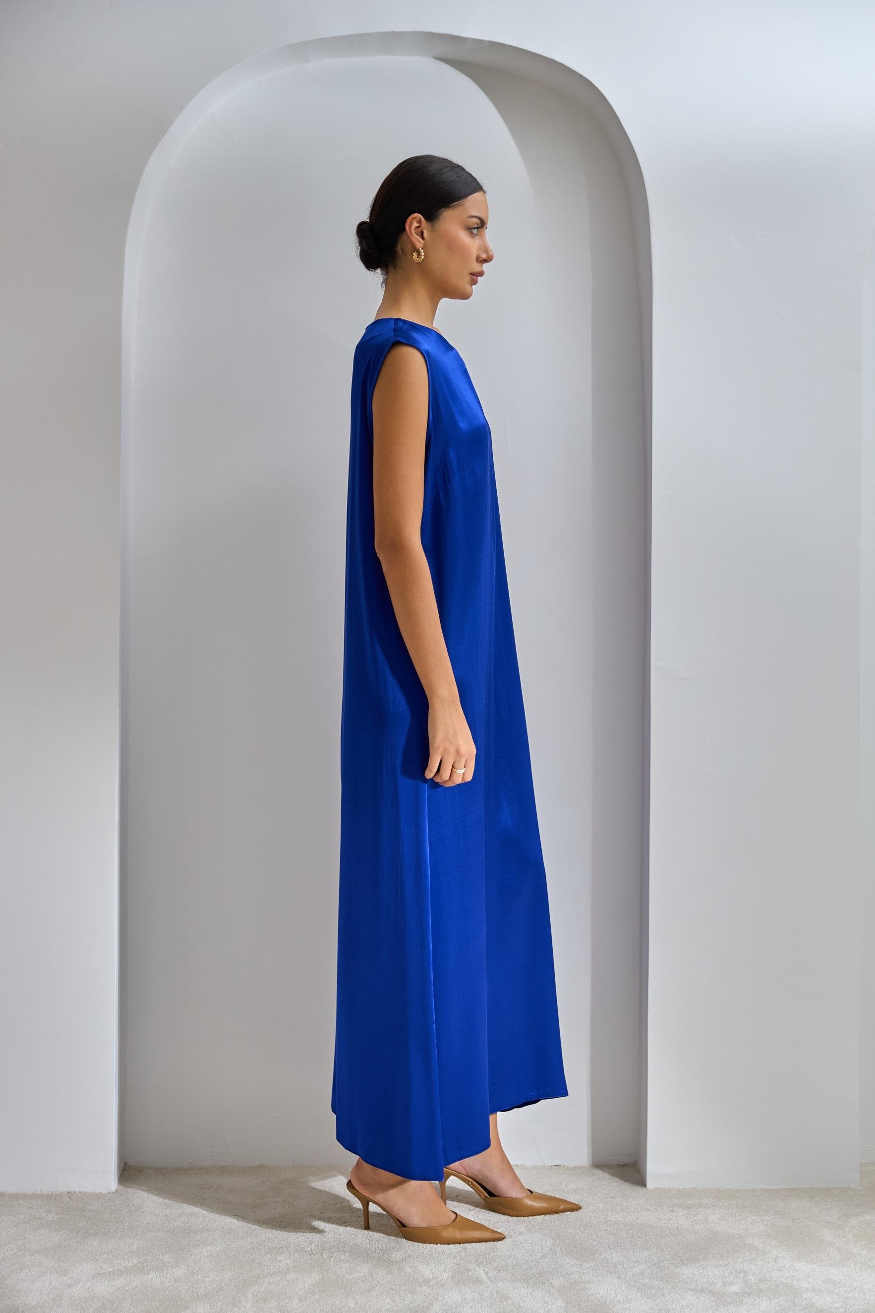 Saxe Blue Viscose Abaya Set with Dress and Shawl - sonafey