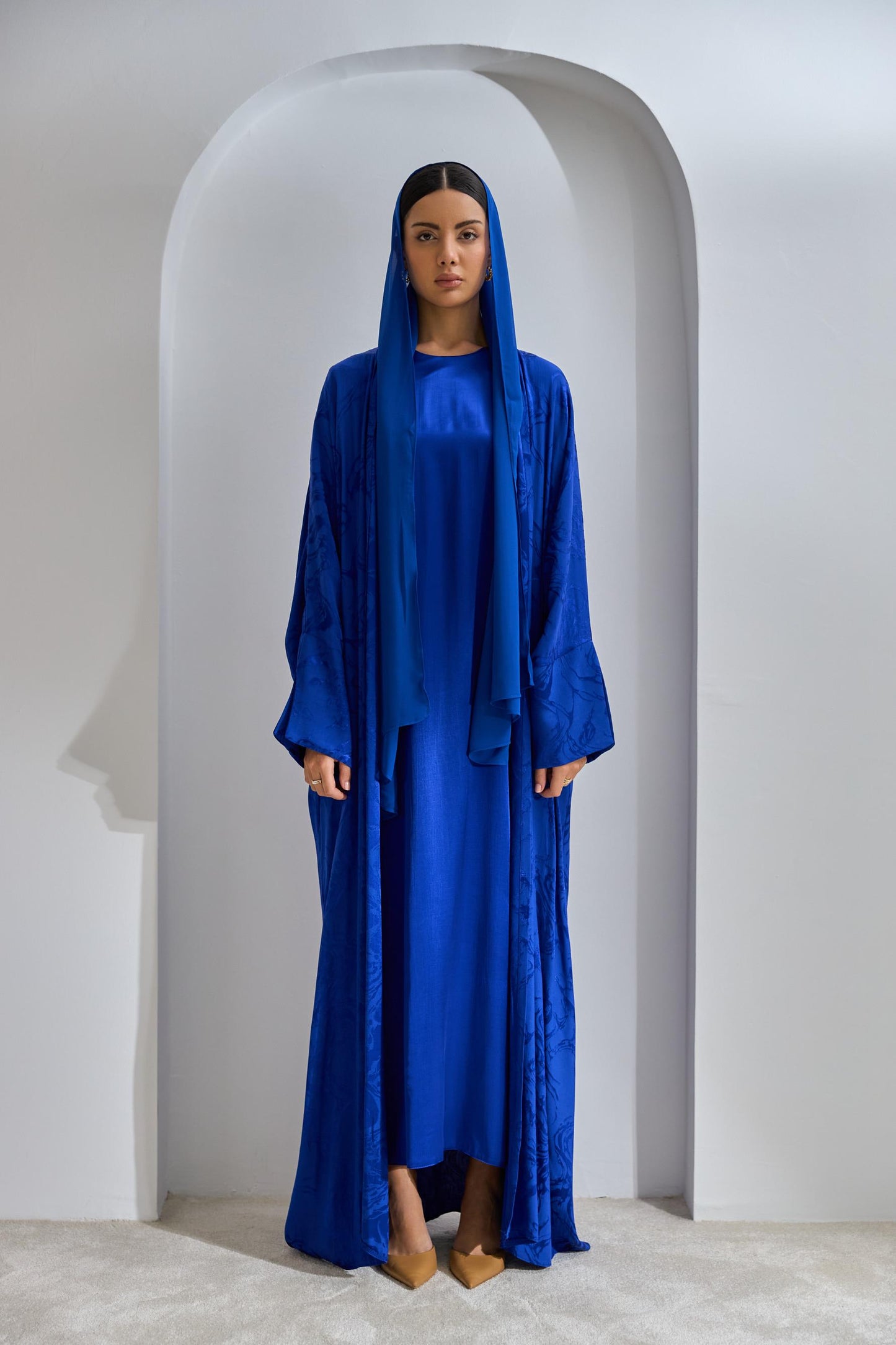 Saxe Blue Viscose Abaya Set with Dress and Shawl - sonafey