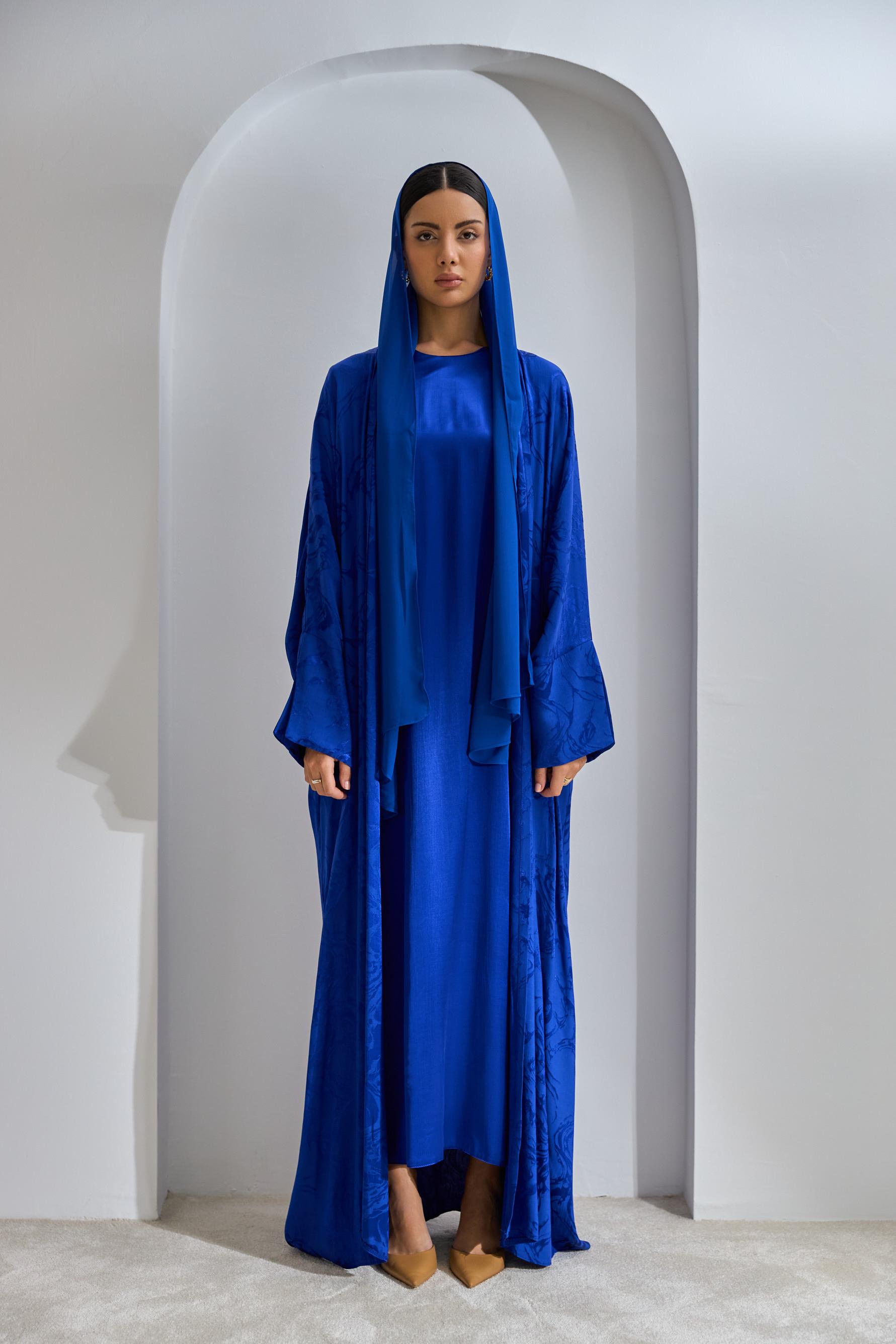 Saxe Blue Viscose Abaya Set with Dress and Shawl - sonafey