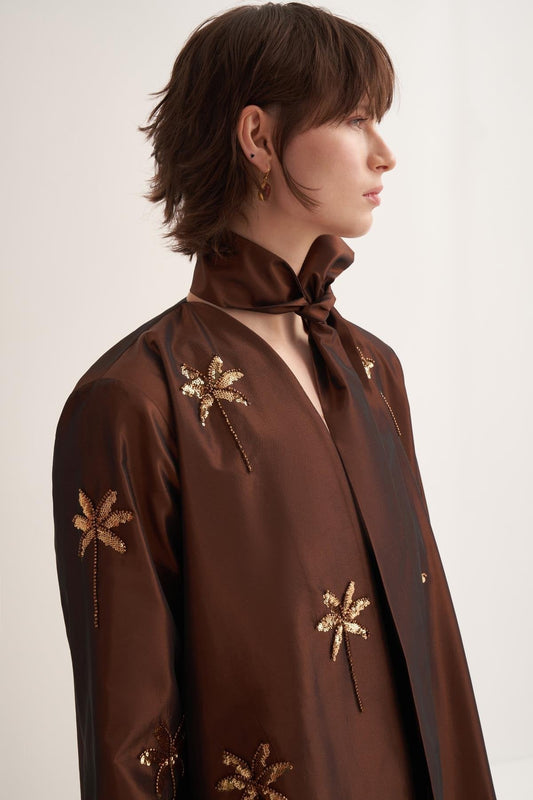 Brown Taffeta Abaya with Hand-Embroidered Palm Details - sonafey