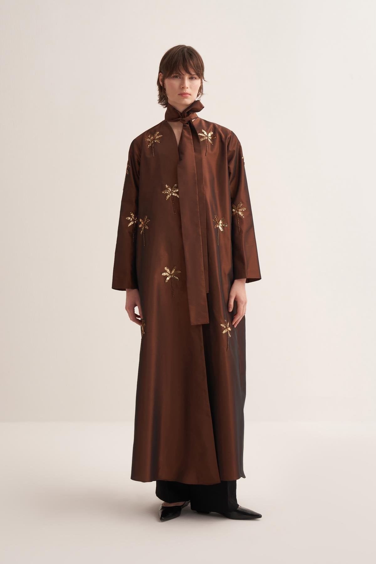 Brown Taffeta Abaya with Hand-Embroidered Palm Details - sonafey