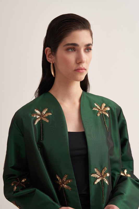 Emerald Green Taffeta Abaya with Hand-Embroidered Palm Details - sonafey