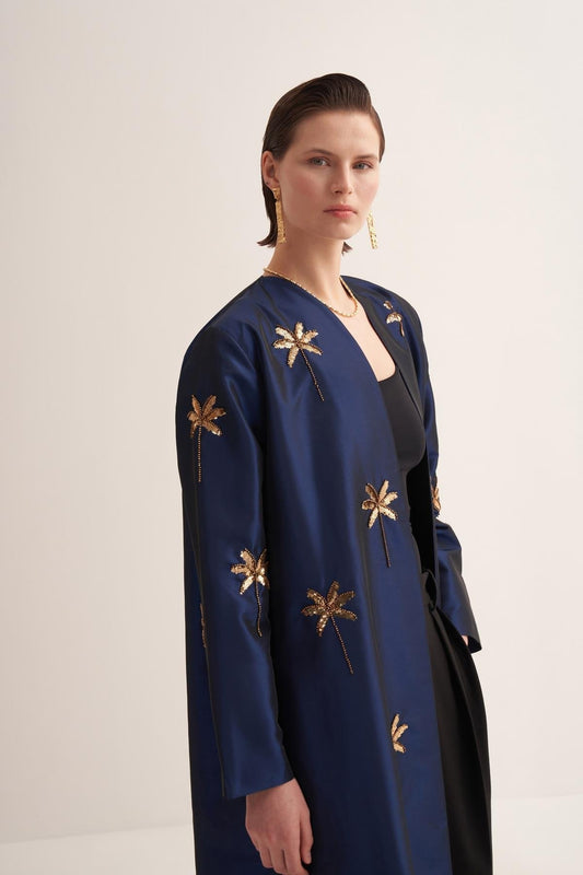 Navy Blue Taffeta Abaya with Hand-Embroidered Palm Details - sonafey
