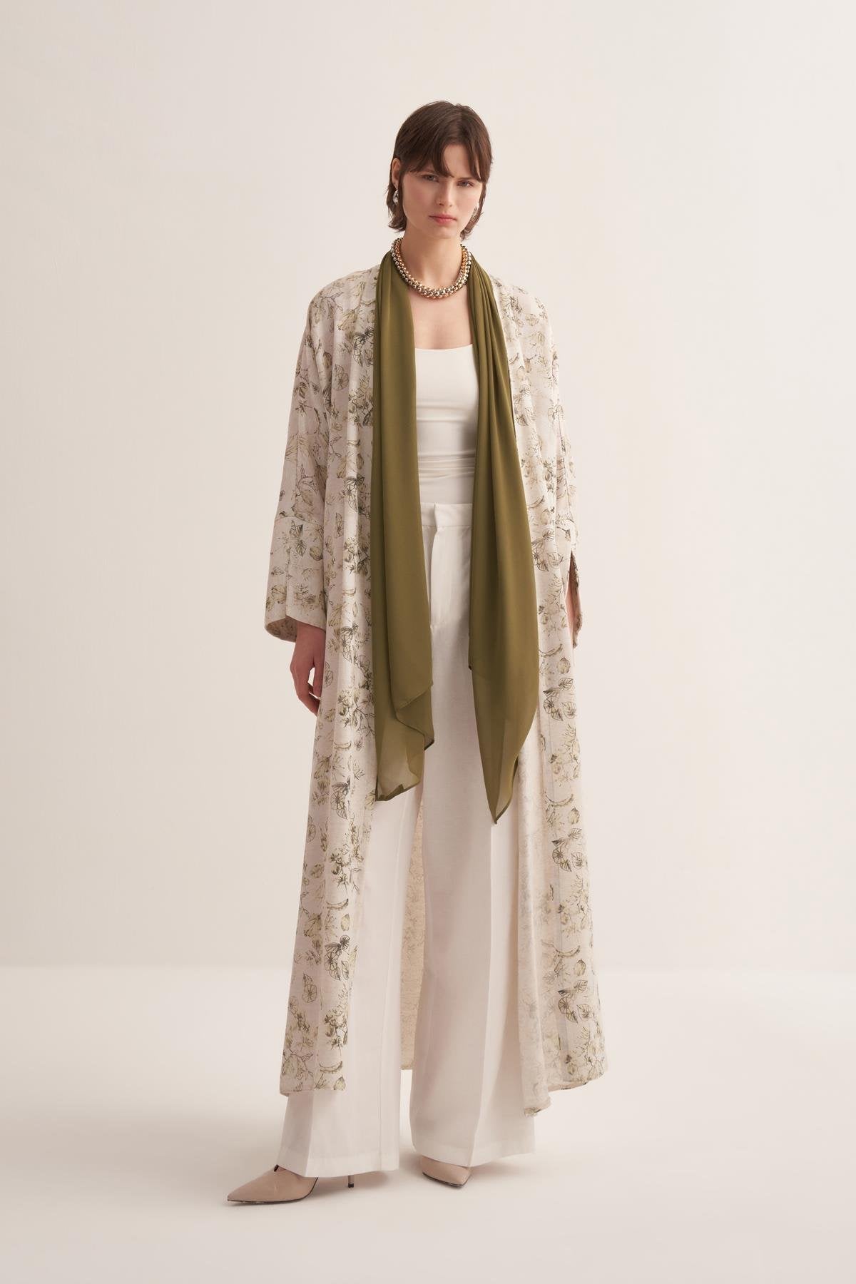 Linen Touch Green Floral Patterned Abaya - sonafey