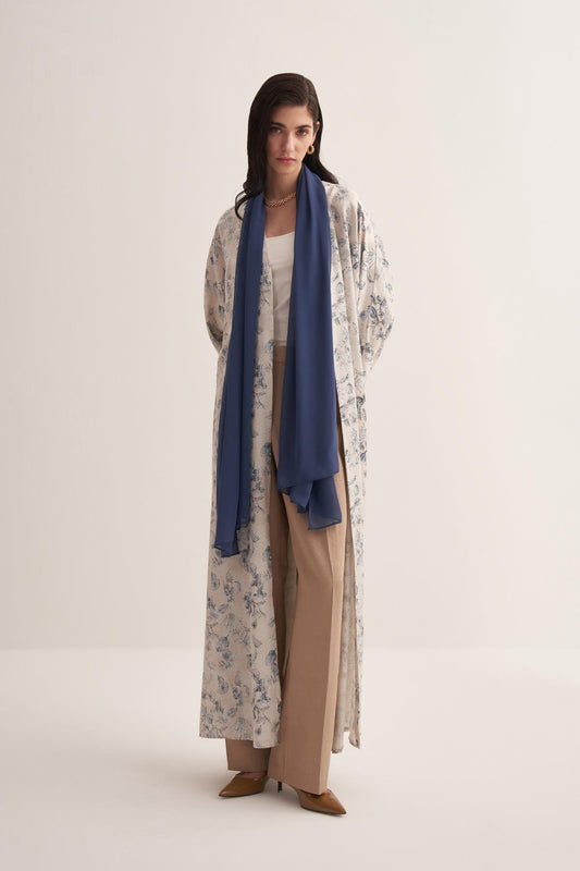 Linen Touch Blue Floral Patterned Abaya - sonafey