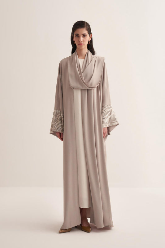 Beige Neck Detailed Sequin Sleeve Abaya - sonafey