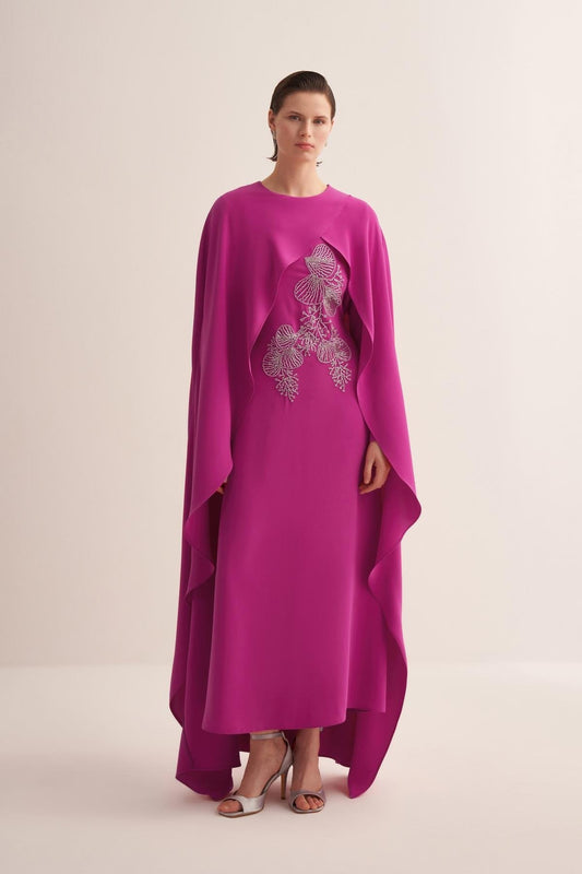 Embroidered Fuschia Cape Evening Gown