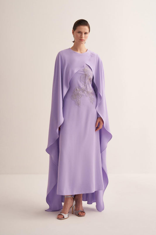Embroidered Lavender Lilac Cape Evening Gown