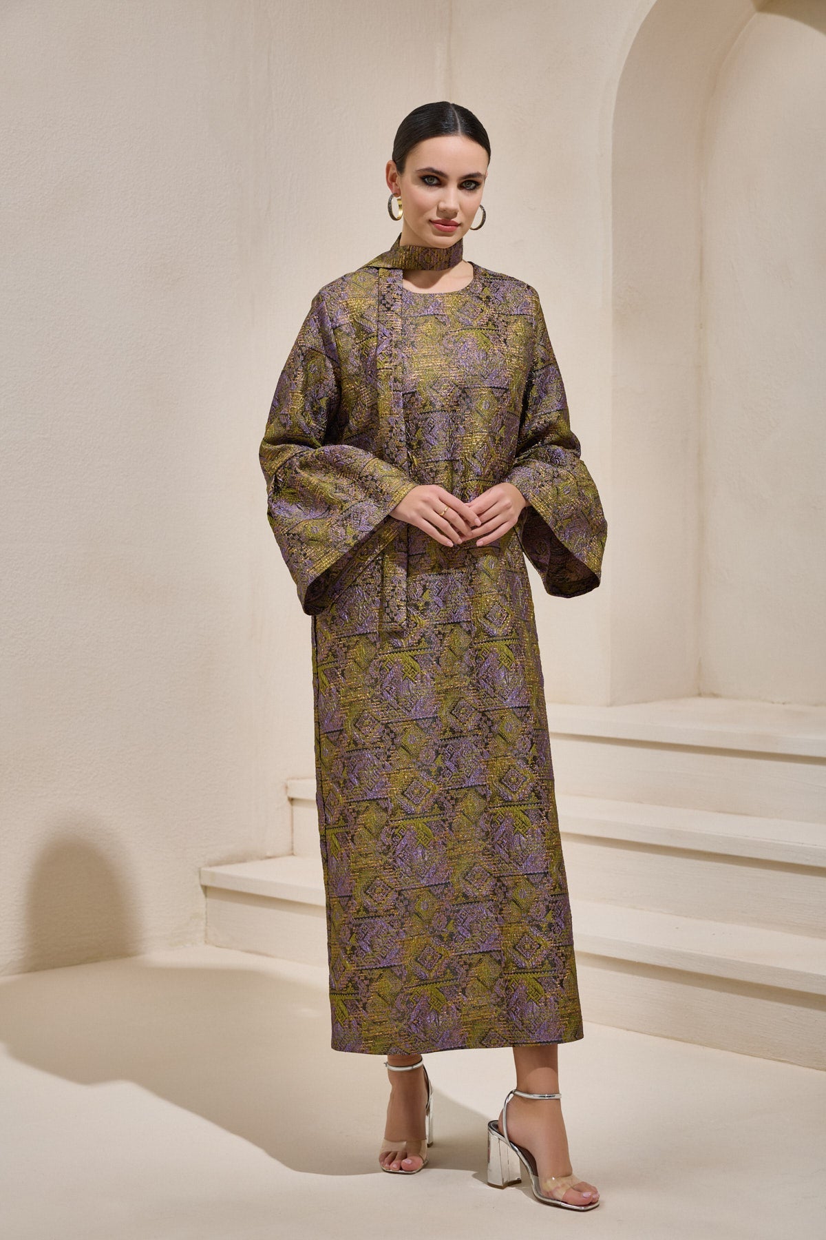Green Jacquard Ballon Sleeve Dress - sonafey