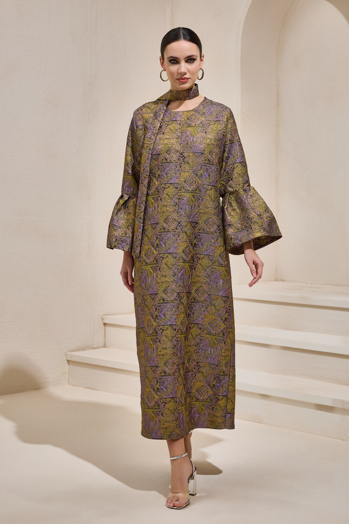 Green Jacquard Ballon Sleeve Dress - sonafey
