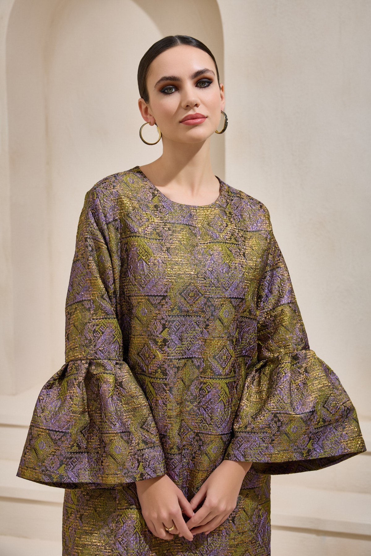 Green Jacquard Ballon Sleeve Dress - sonafey