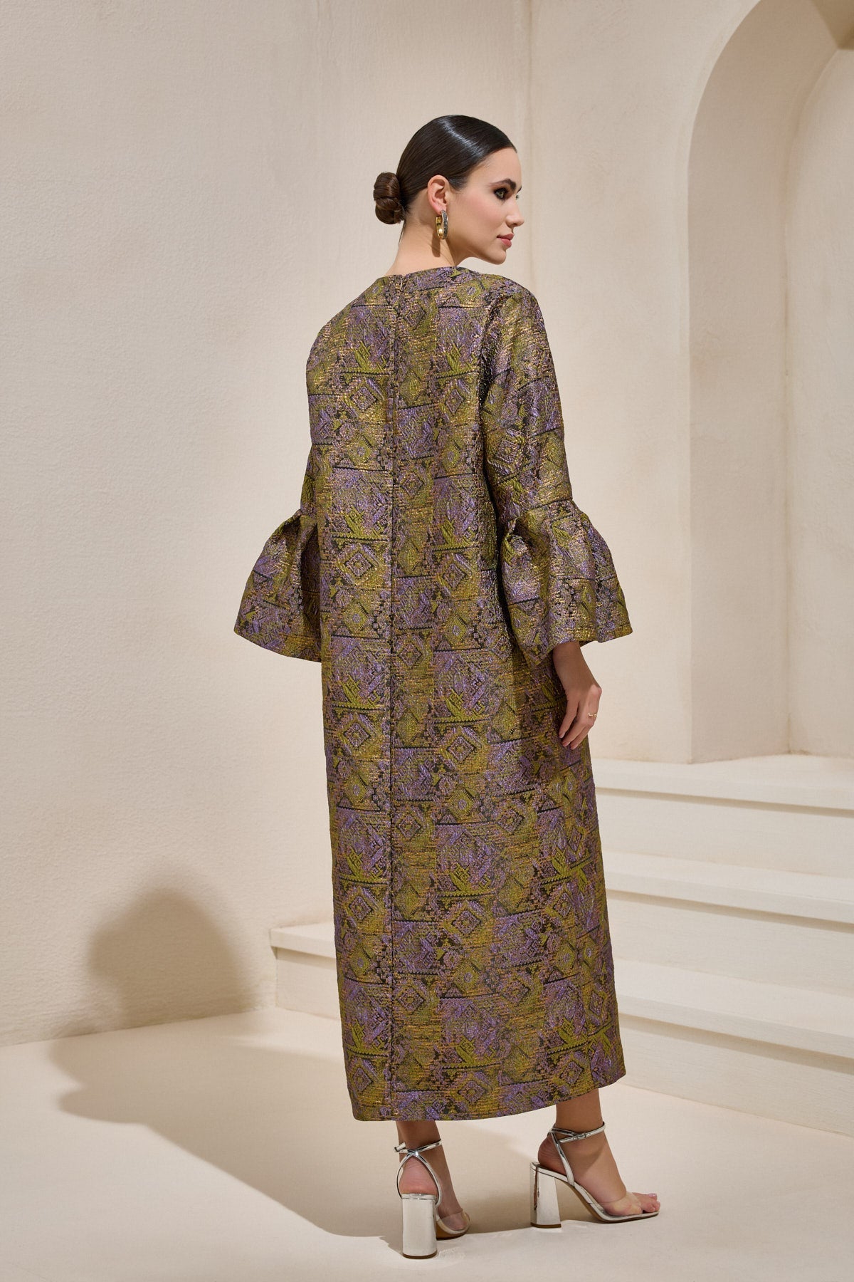 Green Jacquard Ballon Sleeve Dress - sonafey