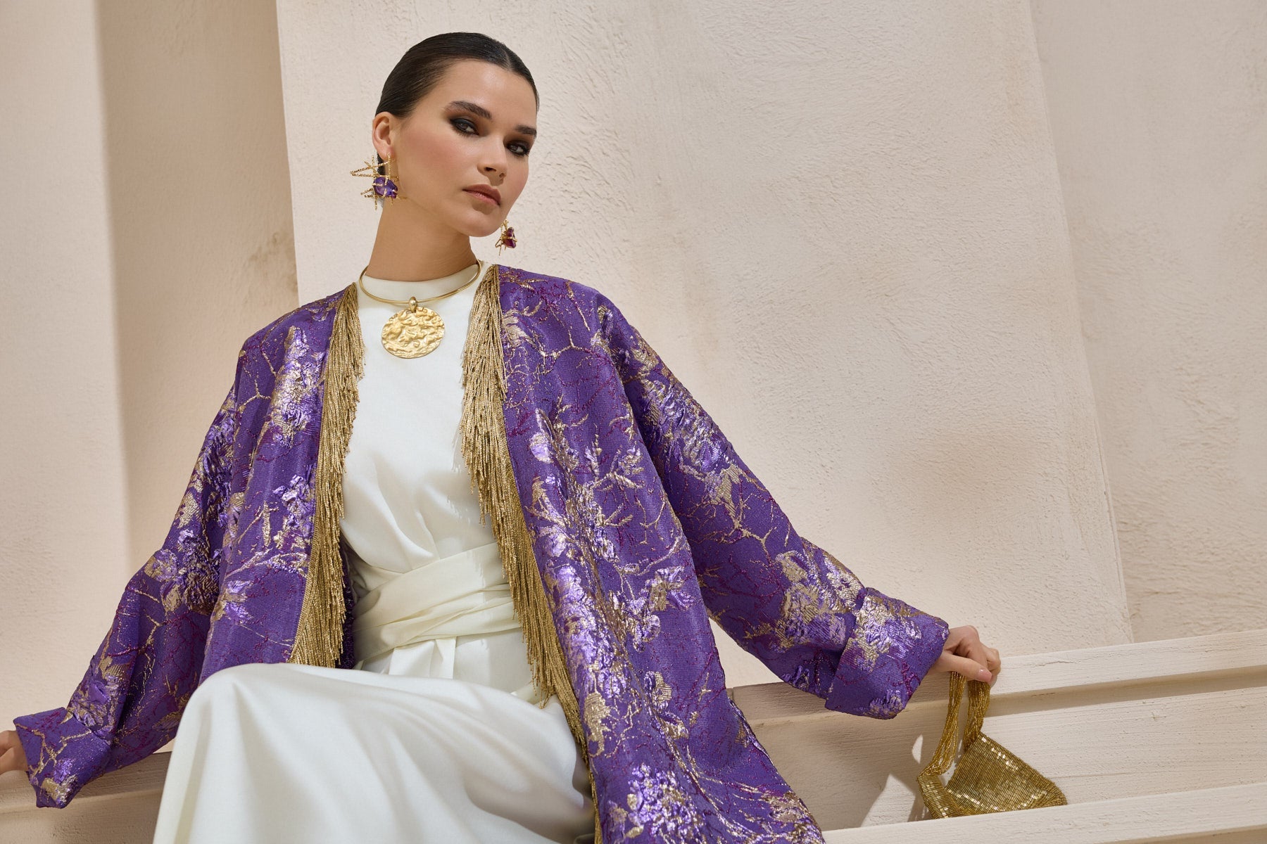 Limited Collection Purple Gold Jacquard Abaya with Tassels - sonafey