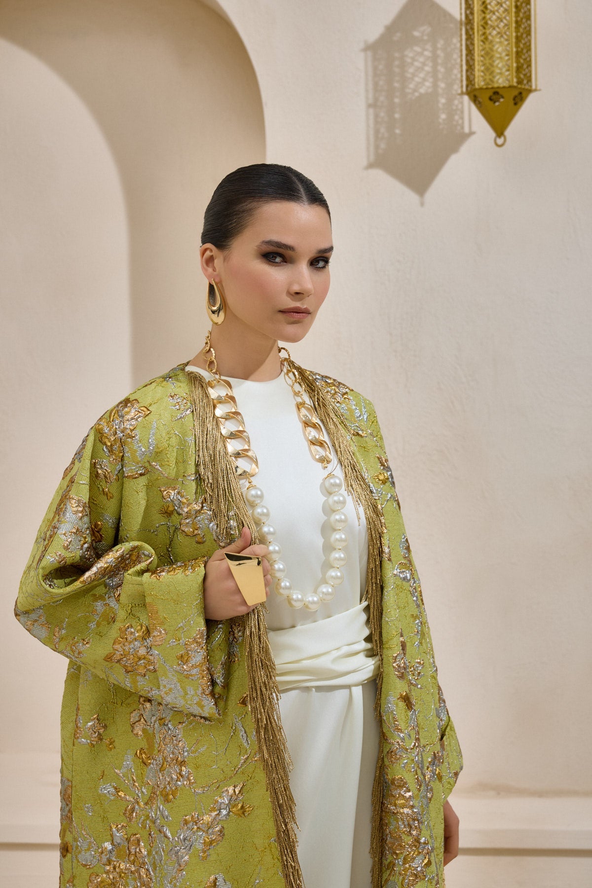 Limited Collection Green Gold Jacquard Abaya with Tassels - sonafey