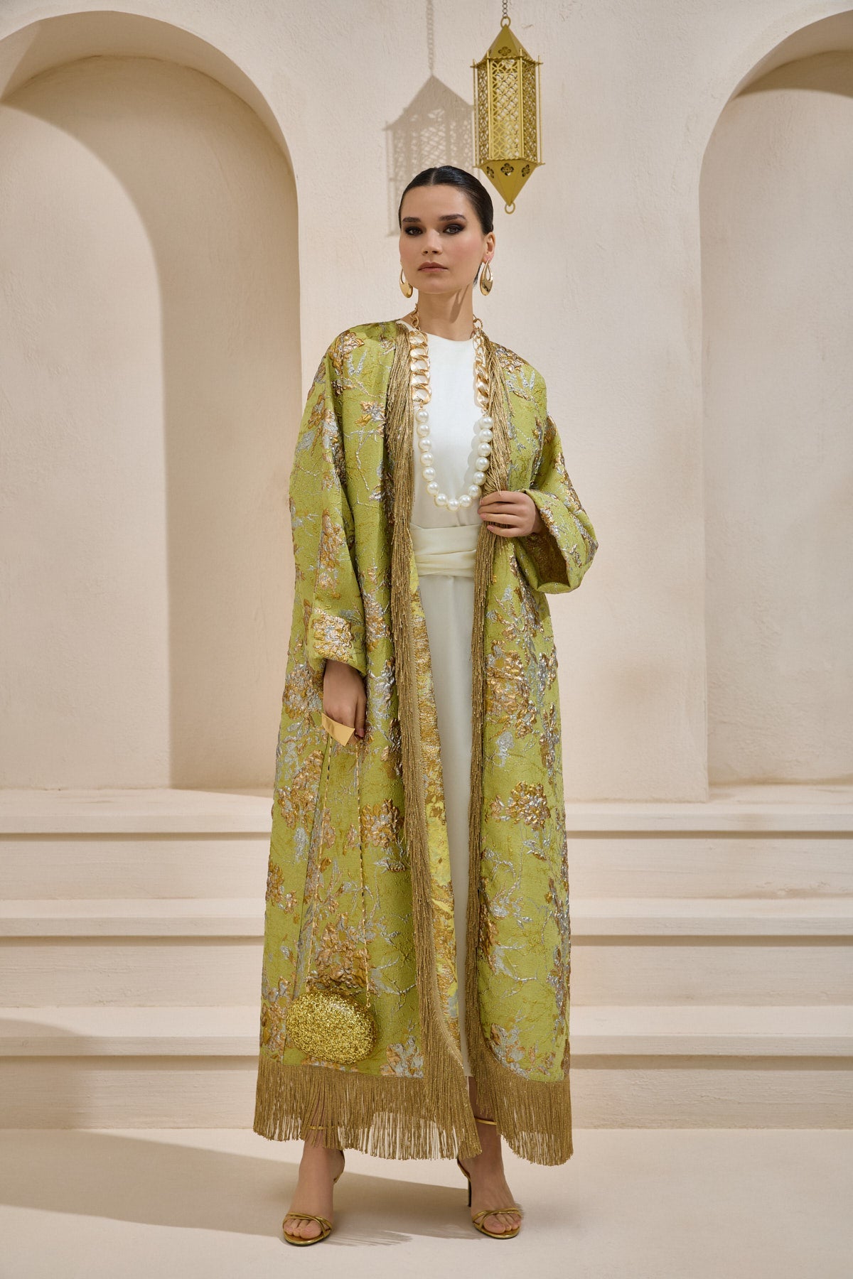Limited Collection Green Gold Jacquard Abaya with Tassels - sonafey