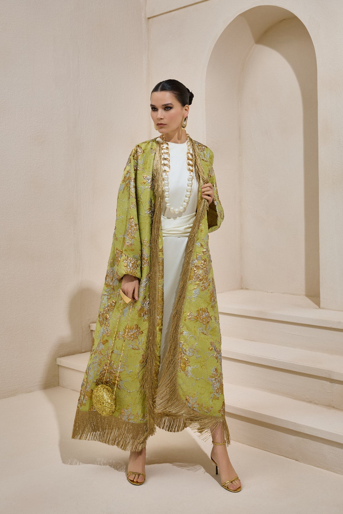 Limited Collection Green Gold Jacquard Abaya with Tassels - sonafey