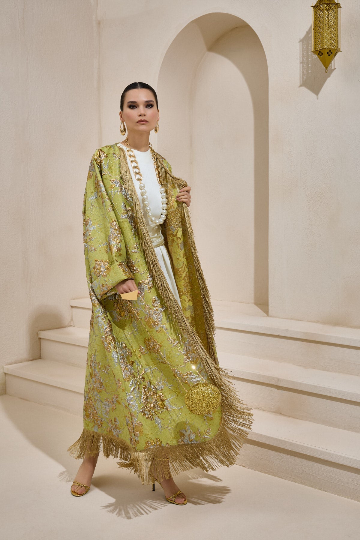 Limited Collection Green Gold Jacquard Abaya with Tassels - sonafey