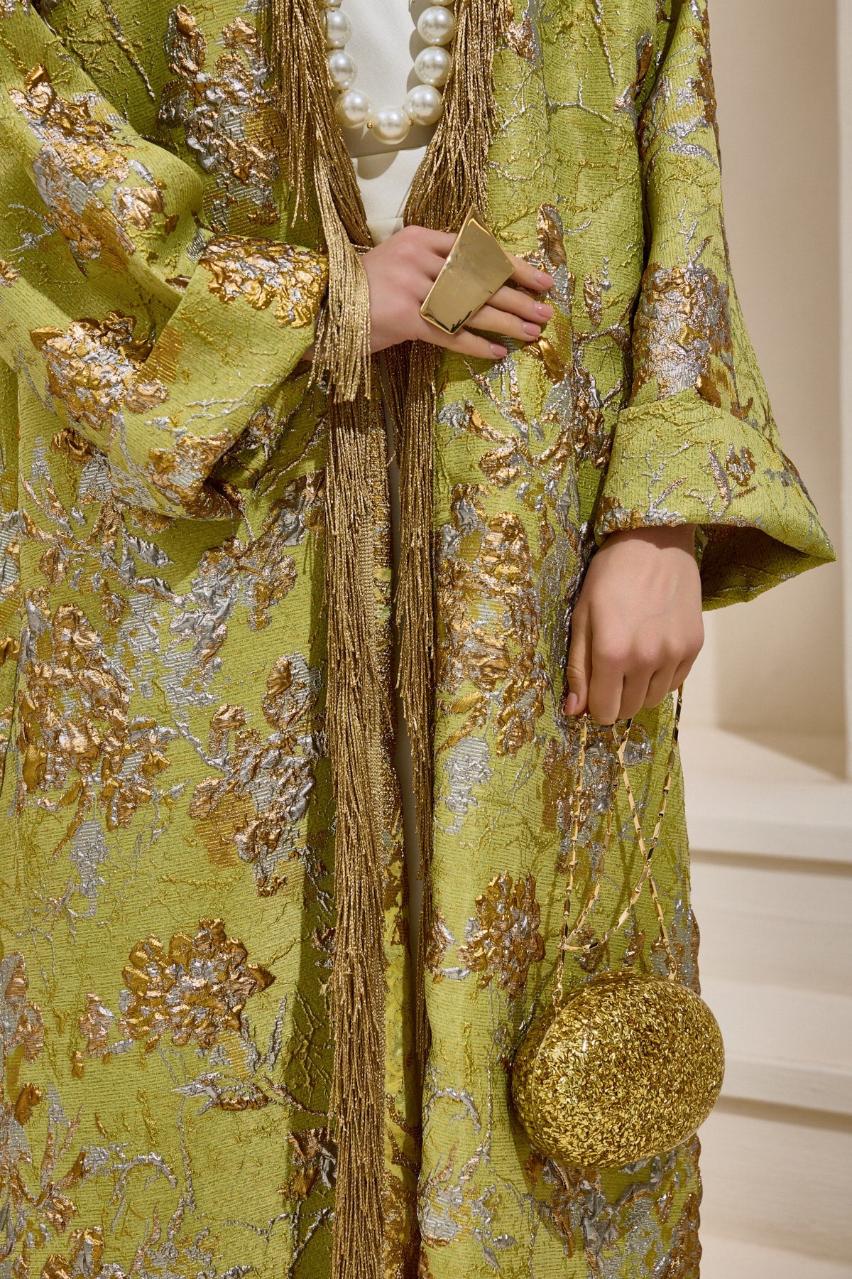 Limited Collection Green Gold Jacquard Abaya with Tassels - sonafey