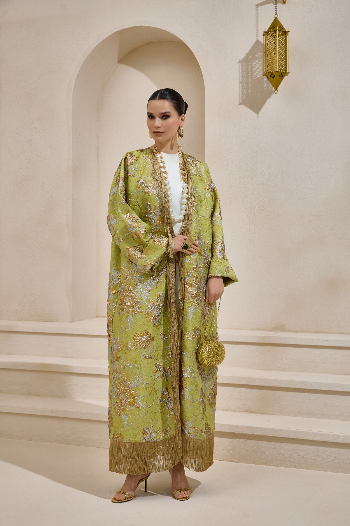 Limited Collection Green Gold Jacquard Abaya with Tassels - sonafey