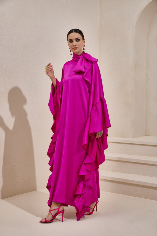 Limited Collection Fuchsia Wrap-neck Kaftan in Satin - sonafey