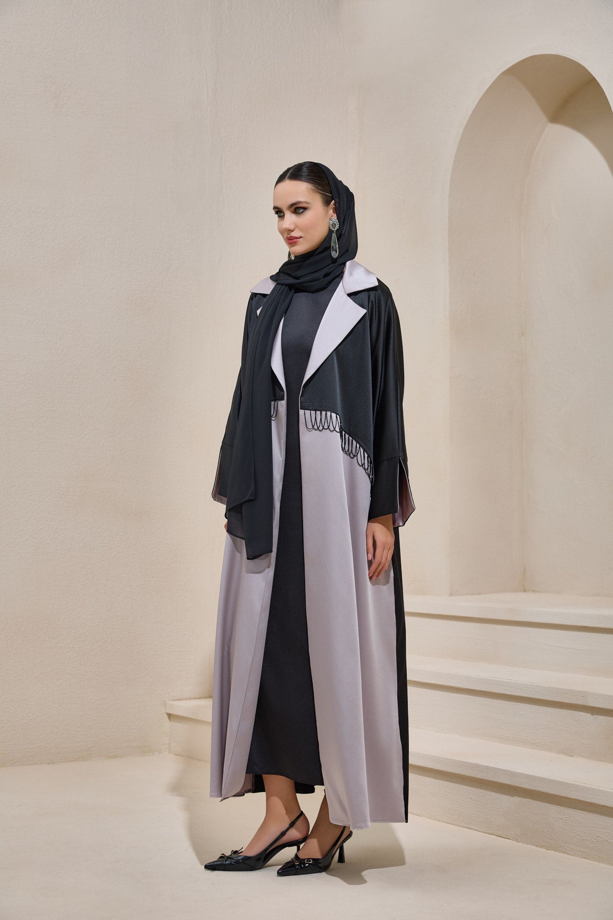Satin Black Pearl Detailed Black and Mink Abaya - sonafey