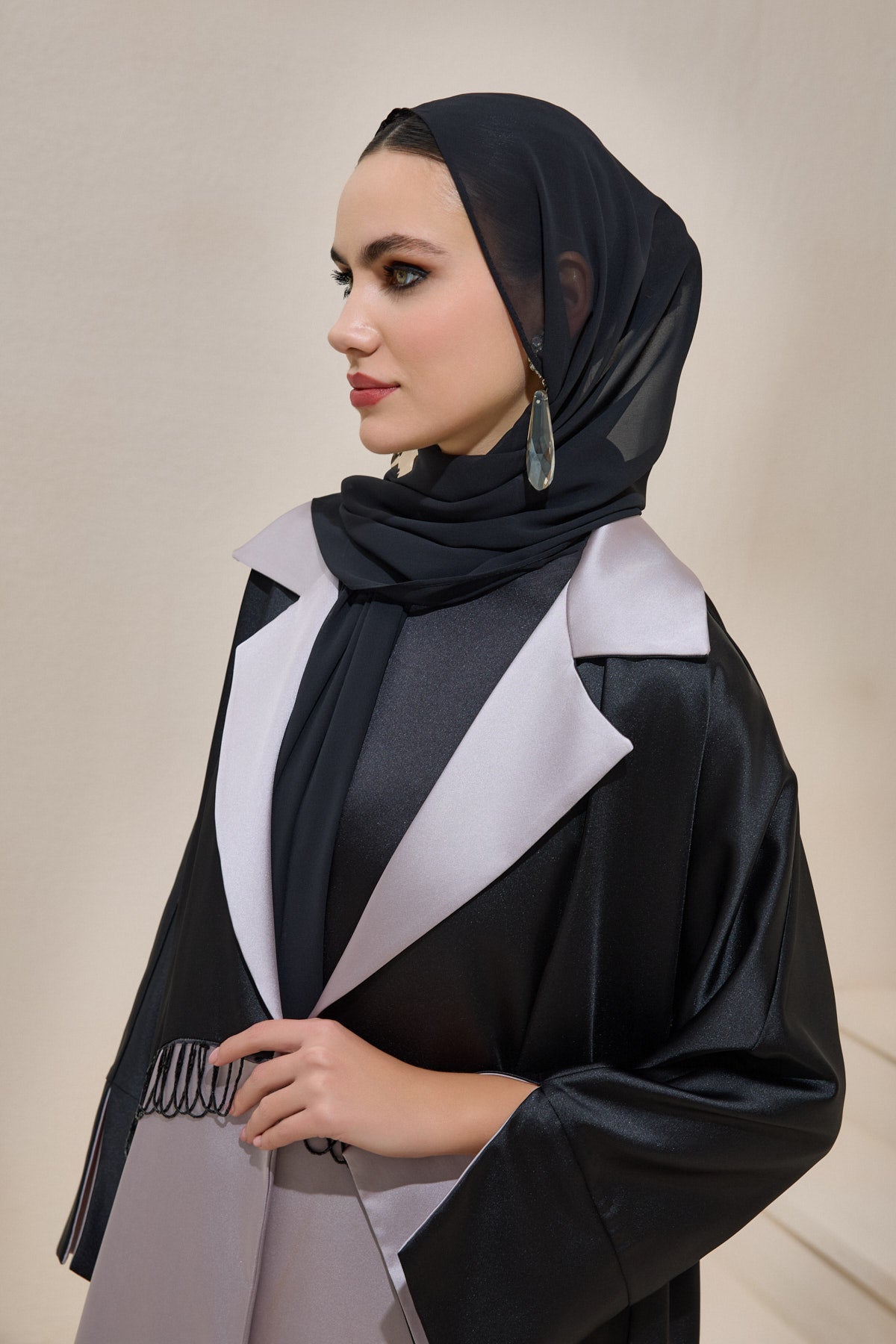 Satin Black Pearl Detailed Black and Mink Abaya - sonafey