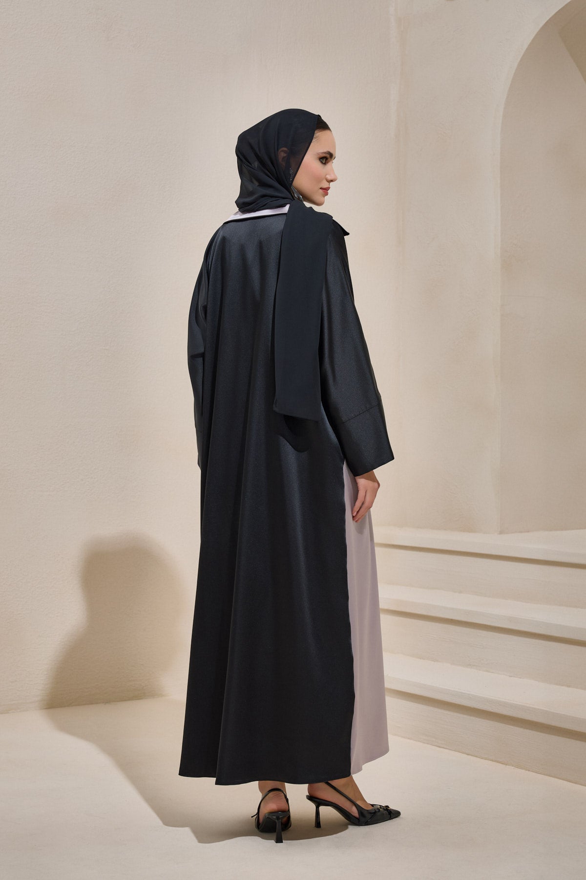 Satin Black Pearl Detailed Black and Mink Abaya - sonafey