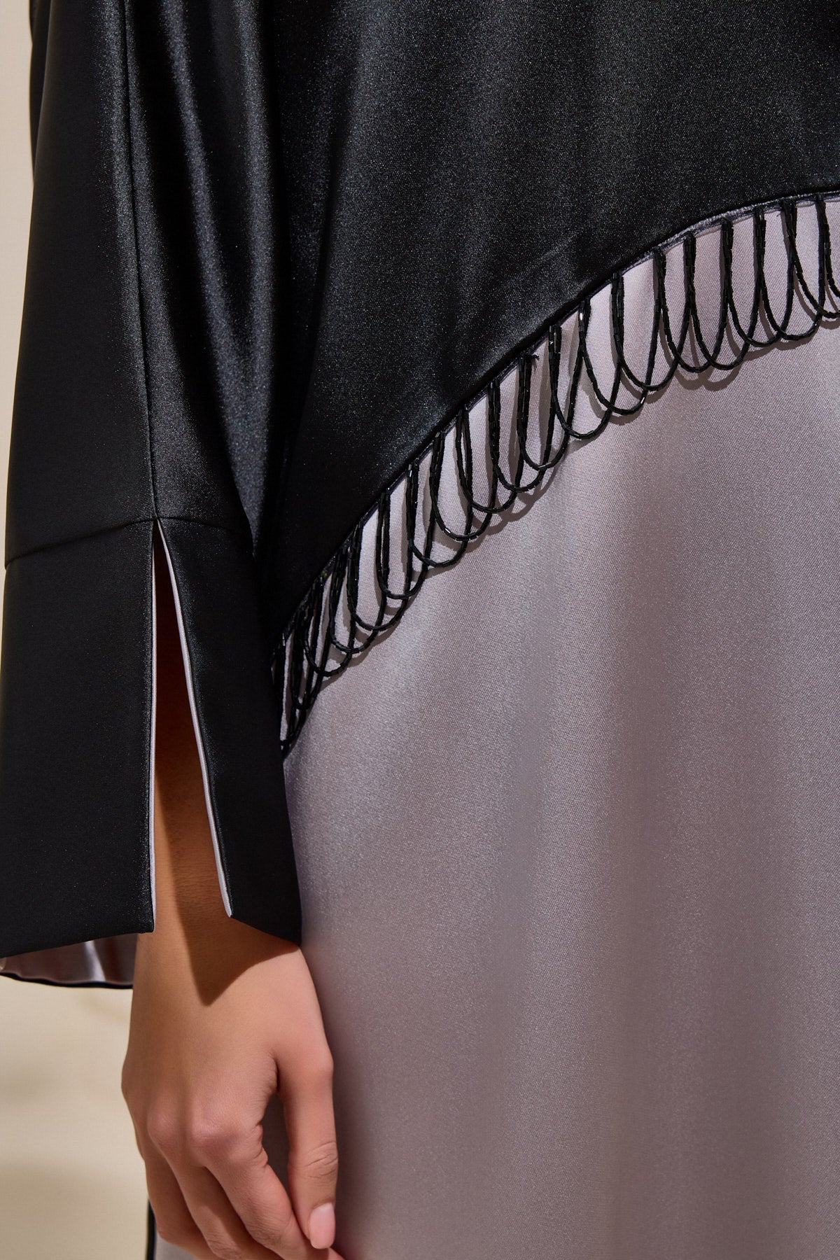 Satin Black Pearl Detailed Black and Mink Abaya - sonafey