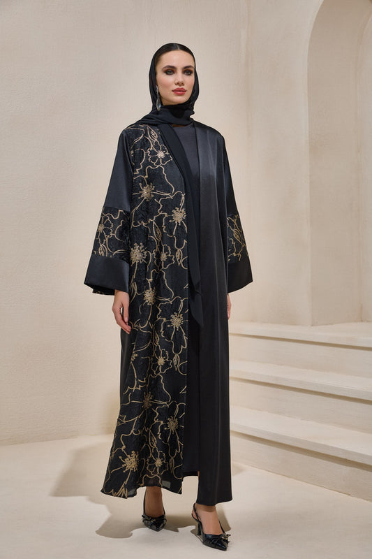 Black Gold Brocade Abaya Set with Shawl - sonafey