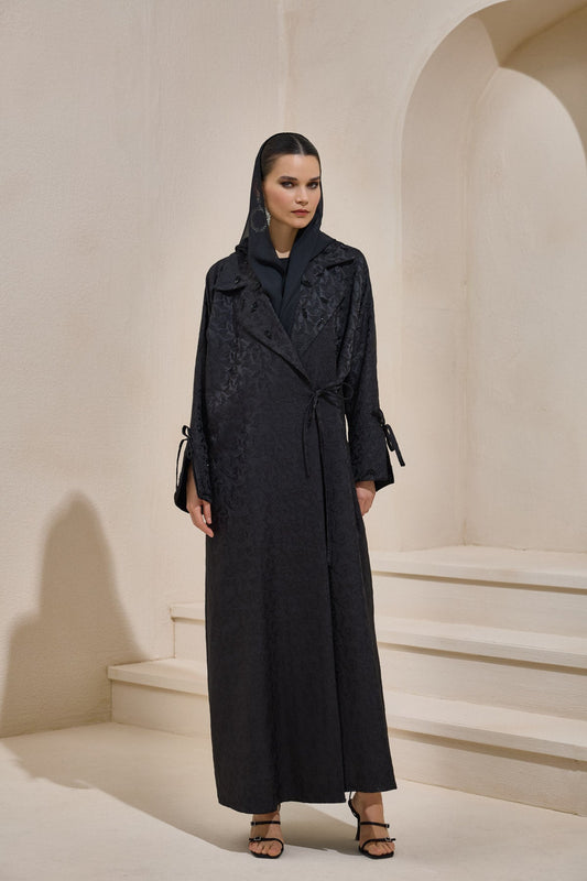Black Crystal Embellished Brocade Abaya - sonafey
