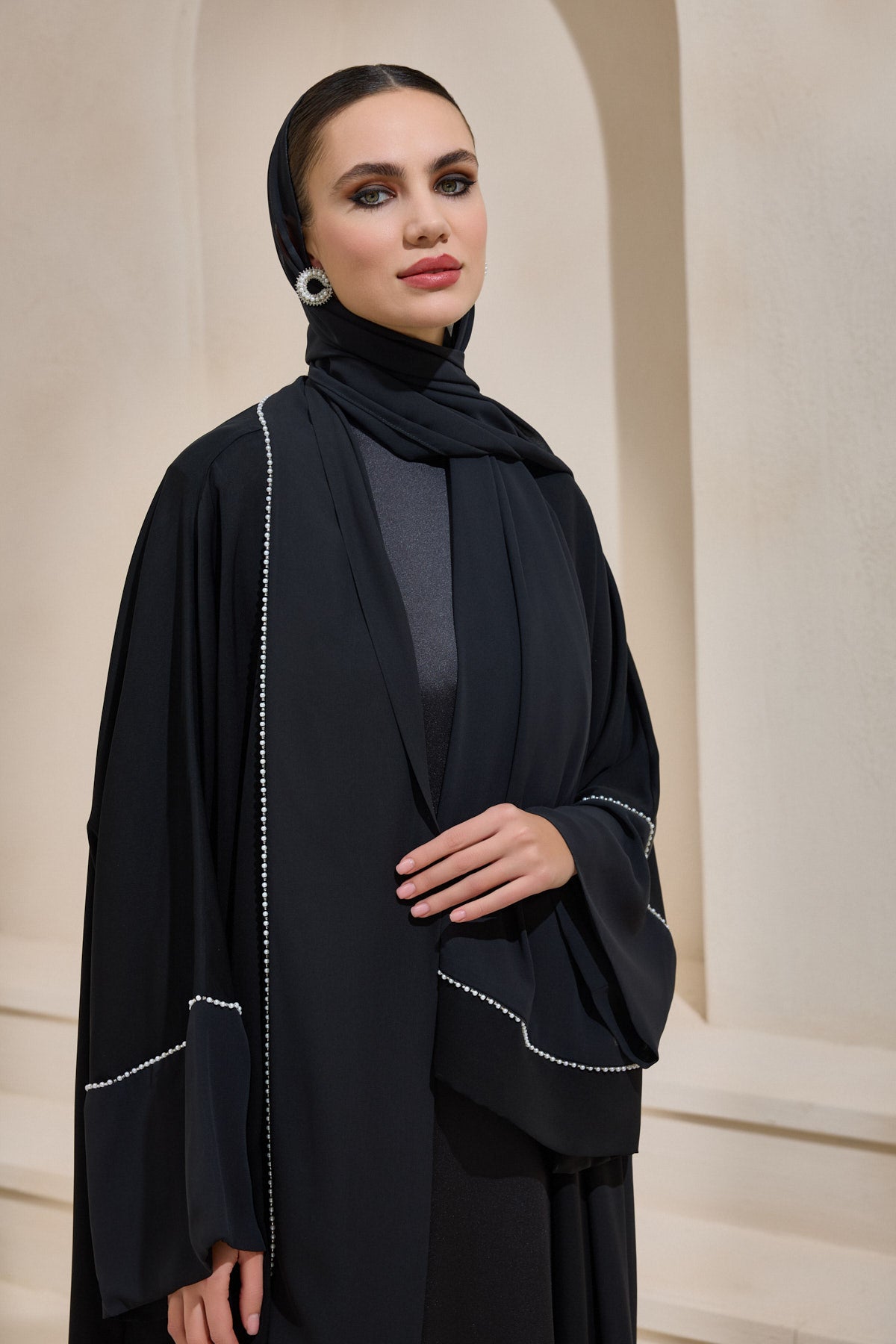 Pearl Embellished Black Abaya Set with Shawl - sonafey