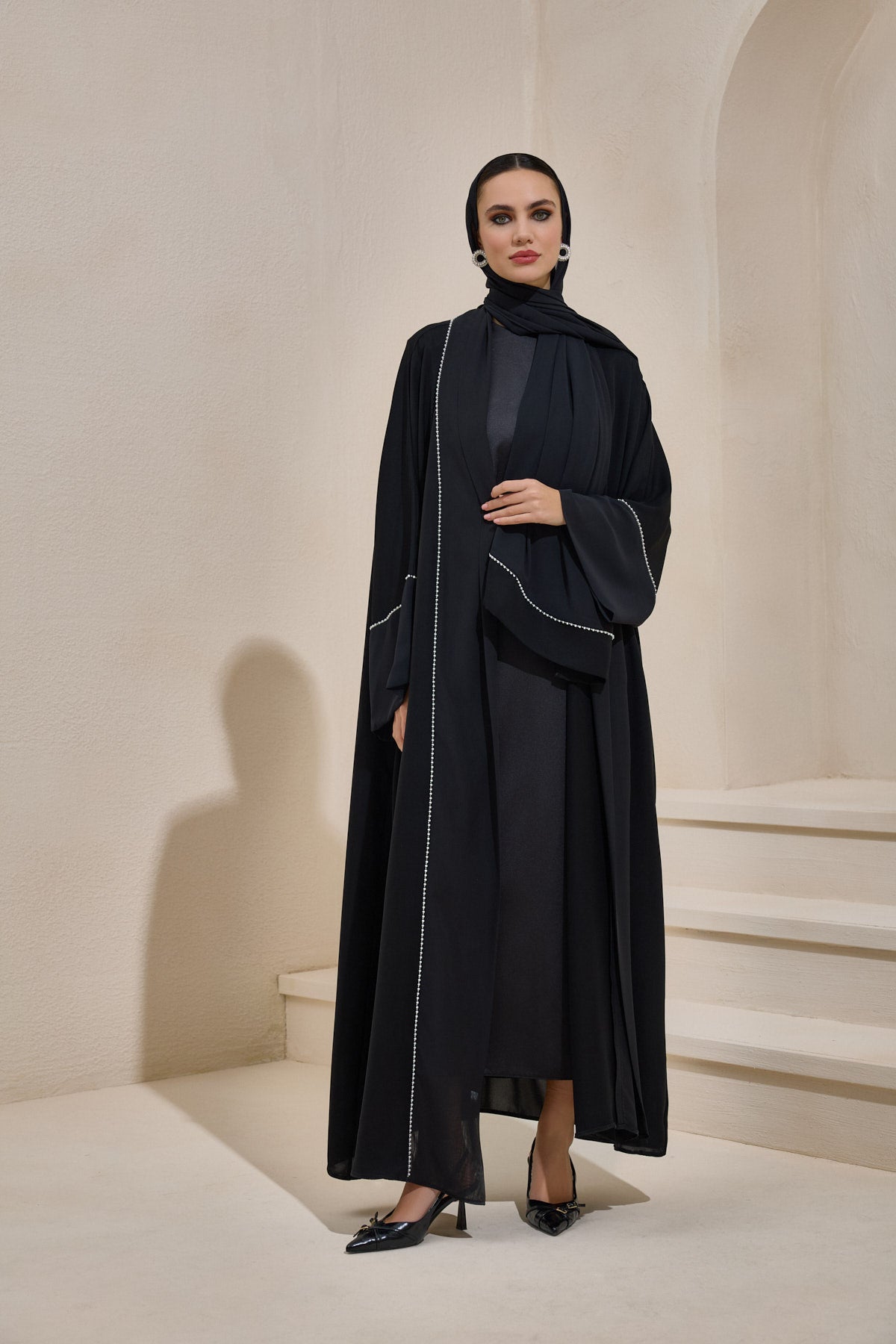 Pearl Embellished Black Abaya Set with Shawl - sonafey