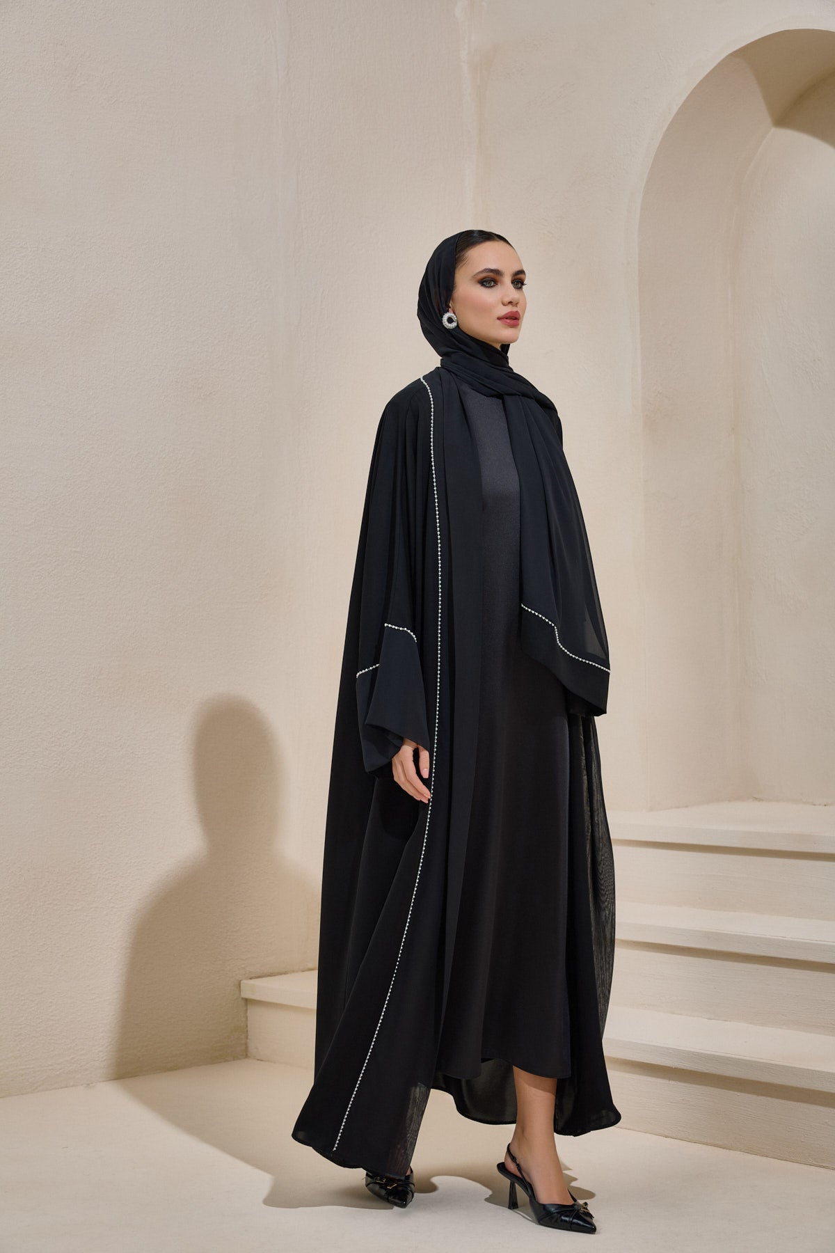 Pearl Embellished Black Abaya Set with Shawl - sonafey