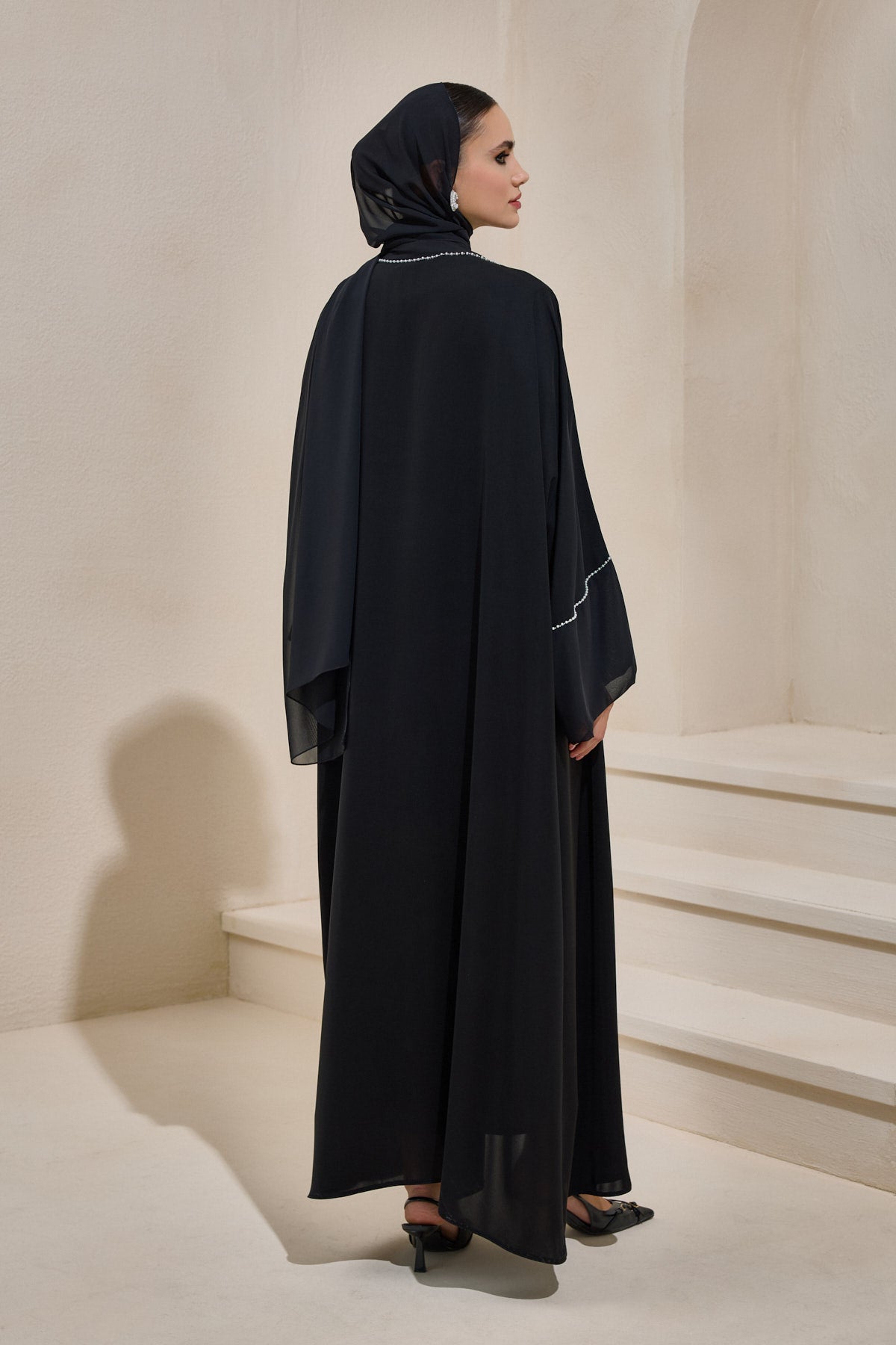 Pearl Embellished Black Abaya Set with Shawl - sonafey