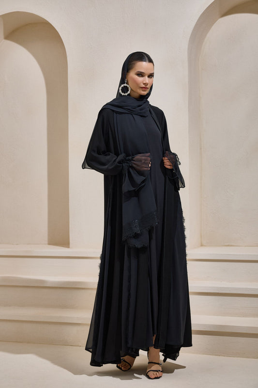 Black Chiffon and Lace Detailed Abaya and Shawl Set - sonafey