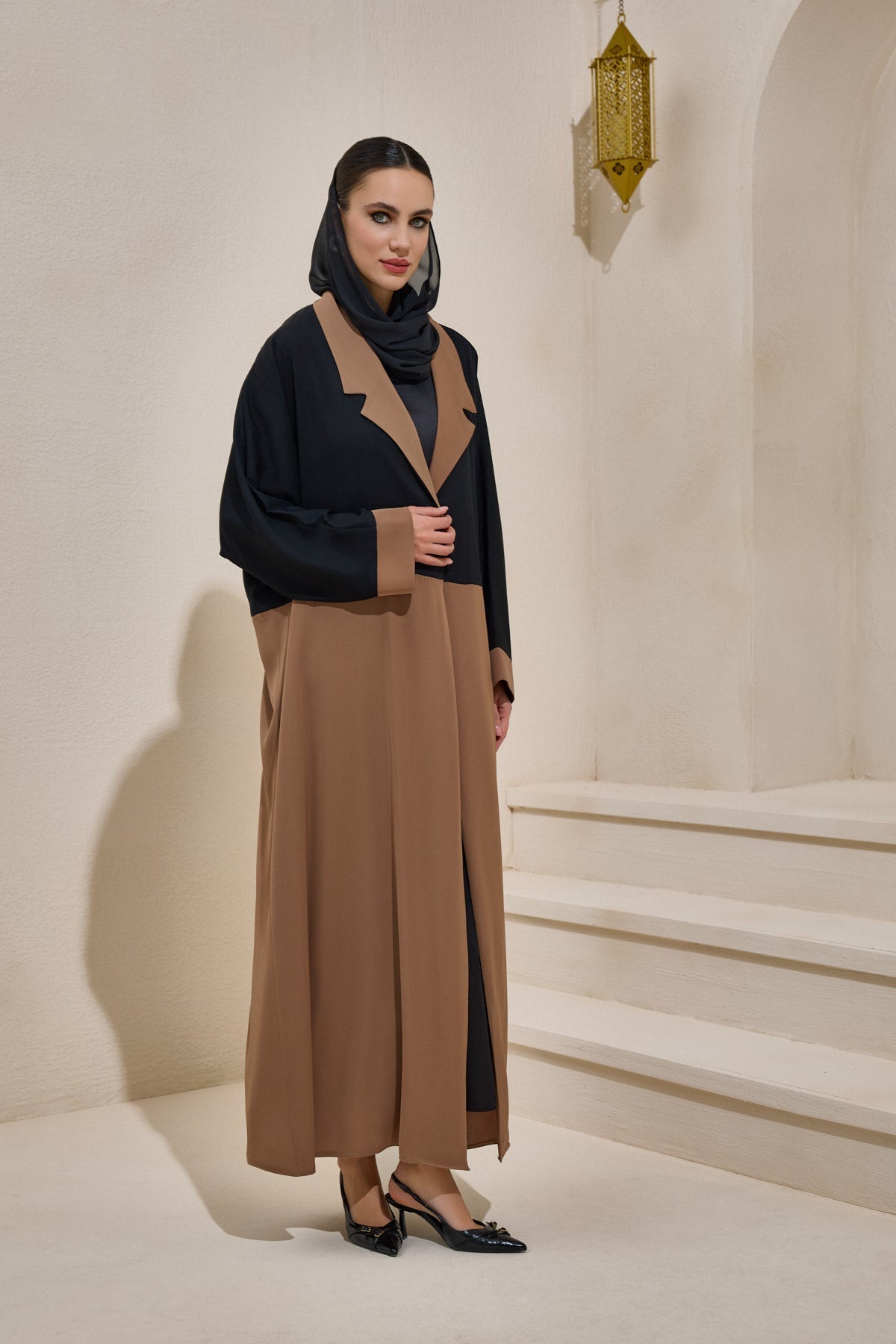Brown and Black Abaya Set with Shawl - sonafey