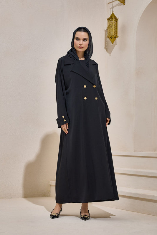Black Gold Button Detailed Trench Abaya - sonafey
