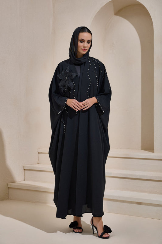 Black Crystal Embellished Flower Abaya - sonafey
