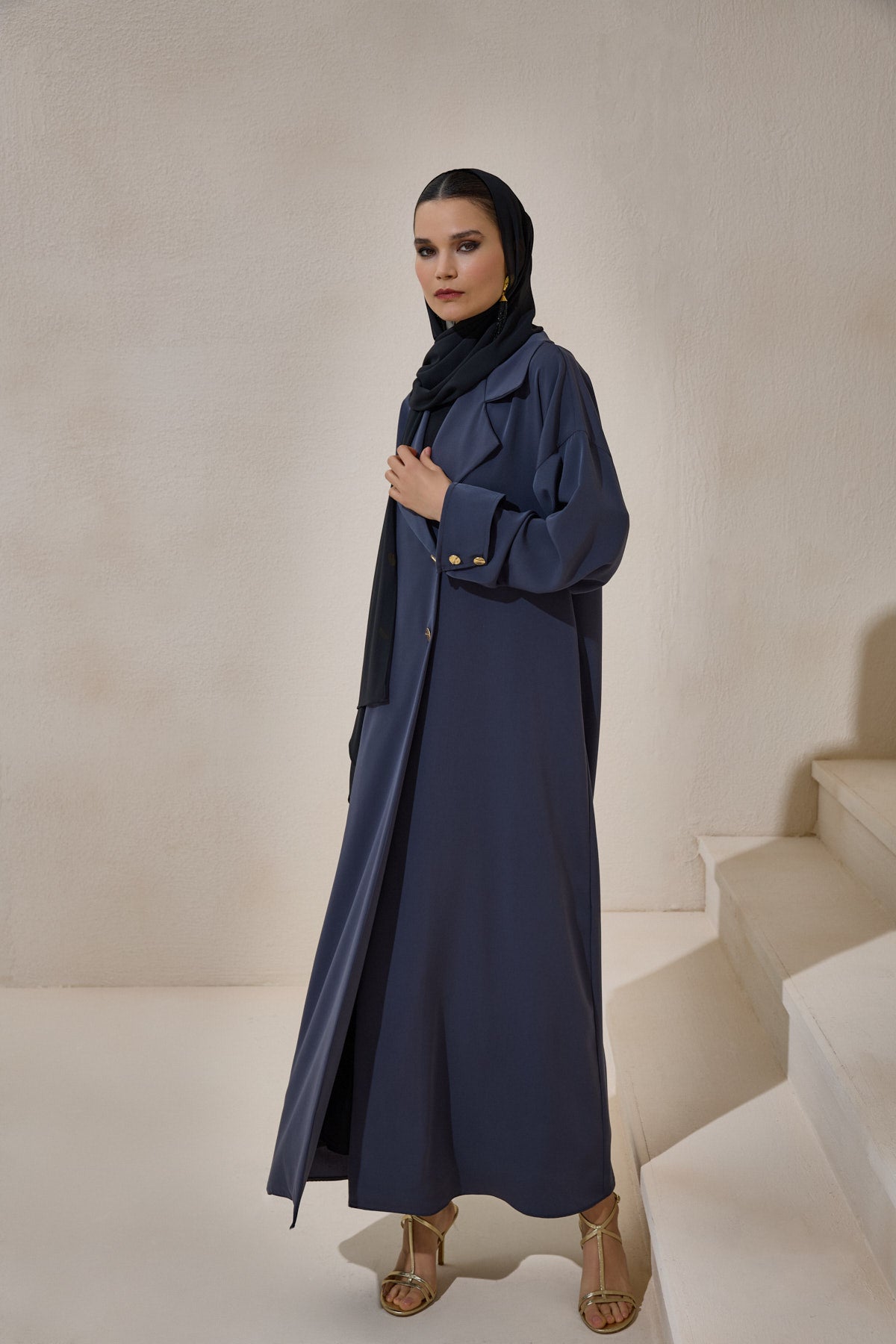 Gray Gold Button Detailed Trench Abaya - sonafey