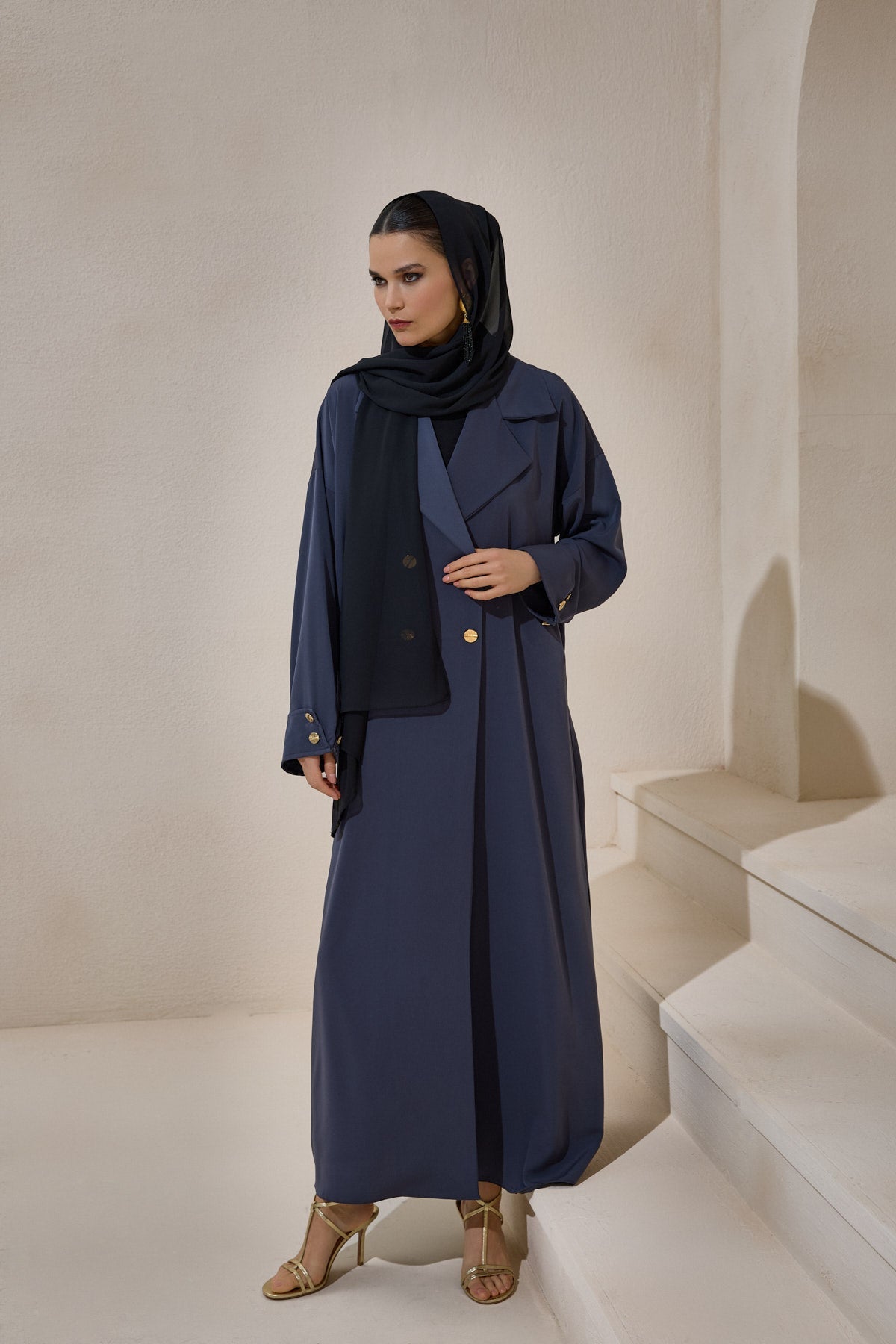 Gray Gold Button Detailed Trench Abaya - sonafey