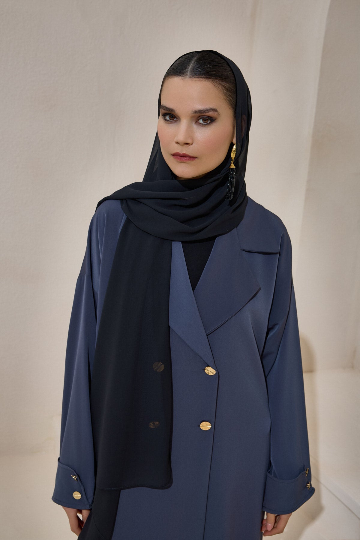 Gray Gold Button Detailed Trench Abaya - sonafey