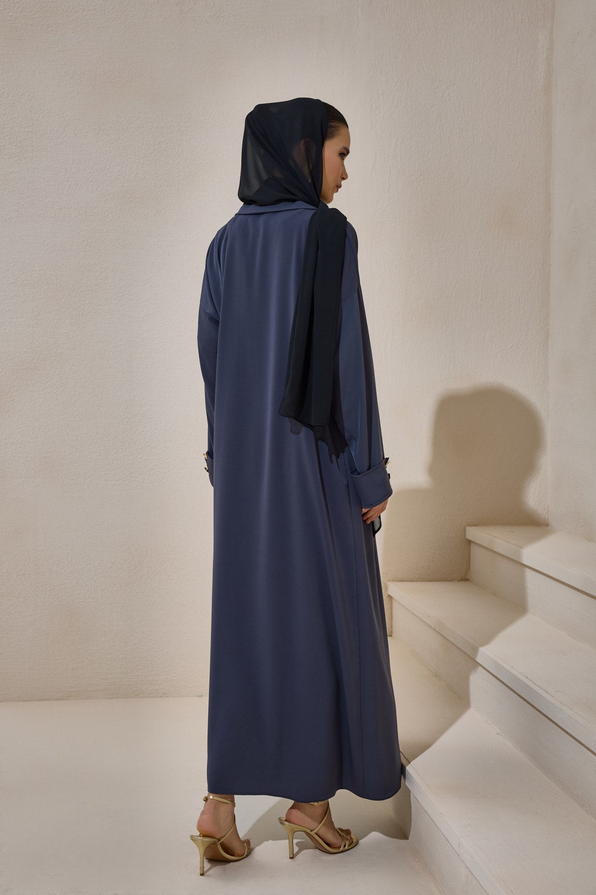 Gray Gold Button Detailed Trench Abaya - sonafey